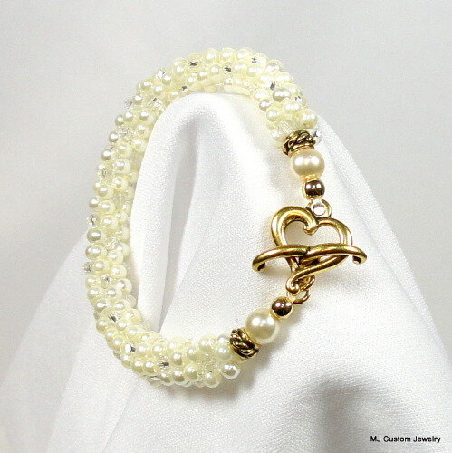 Cream Pearl & Crystal Gold Heart Toggle Bracelet