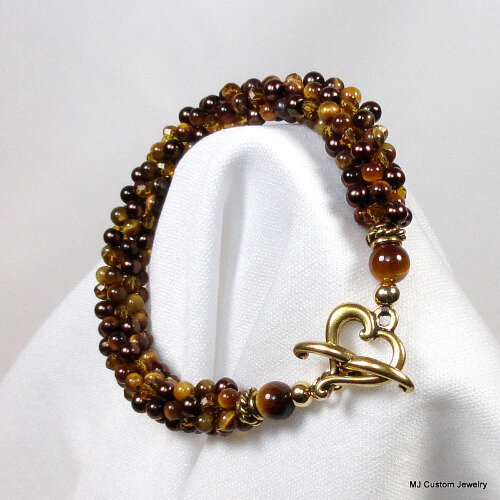 Tigereye, Crystal & Pearl Gold Heart Toggle Bracelet