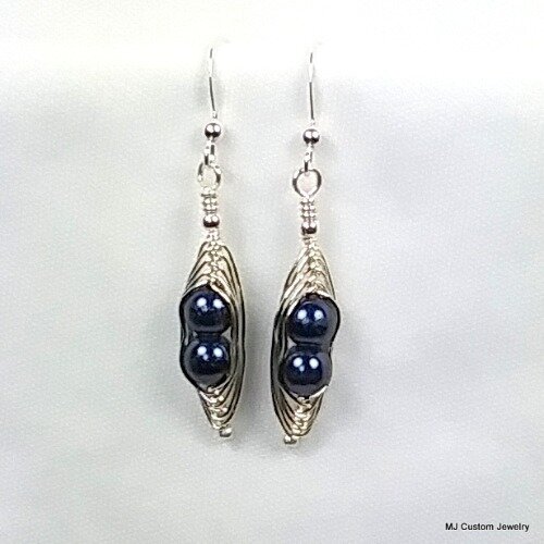 Navy Blue Czech Glass Pearl Peas in a Pod Earrings
