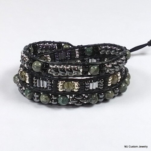 Camo Jasper & Hematite Triple Wrap Leather Bracelet