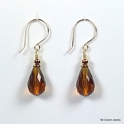 Dark Topaz Crystal Teardrop 14k GF Earrings