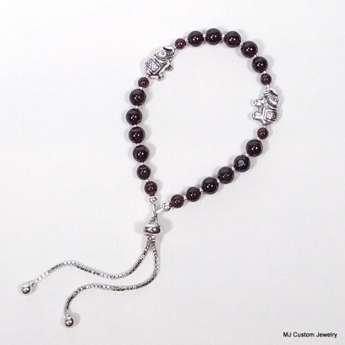 Garnet & Silver Elephants Adjustable BOLO Bracelet
