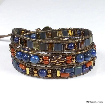 Lapis Lazuli & Terracotta Triple Wrap Leather Bracelet