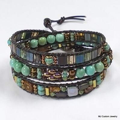 Turquoise & Bronze Triple Wrap Leather Bracelet