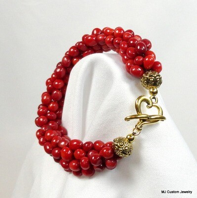 Red Coral Nuggets Gold Heart Toggle Bracelet