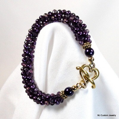 Purple Pearl & Crystal Gold Heart Toggle Bracelet
