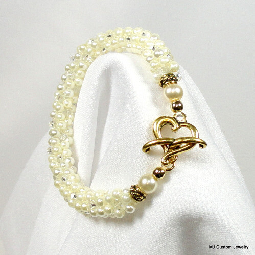 Cream Pearl & Crystal Gold Heart Toggle Bracelet