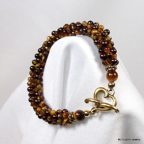 Tigereye, Crystal & Pearl Gold Heart Toggle Bracelet