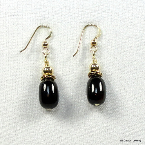 Black Agate Barrel Gold Woodland Rondelle Earrings