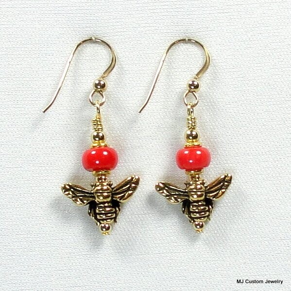 Red Coral & Golden Honey Bee 14k GF Earrings