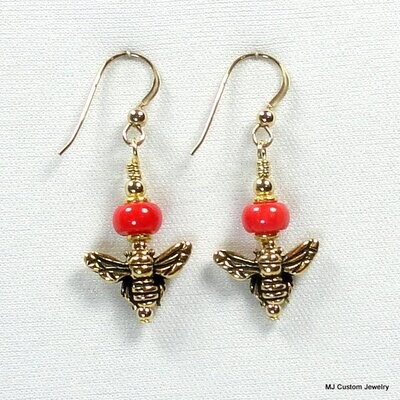 Red Coral & Golden Honey Bee 14k GF Earrings
