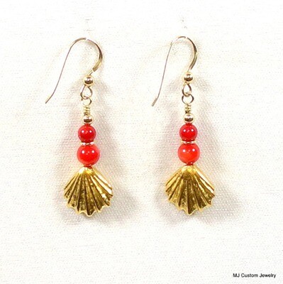 Red Coral & Golden Sea Shell 14k GF Earrings