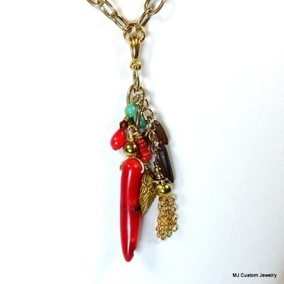 Red Coral & Turquoise Gold Chain Tassel Necklace