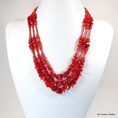 Red Coral Triple Strand 14k GF Necklace