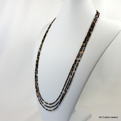 Black Agate Tiny Tubes Triple Strand 30" Gold Necklace