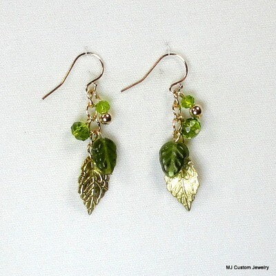 Green Leaves & Crystal Gold Leaf Chain Earrings
