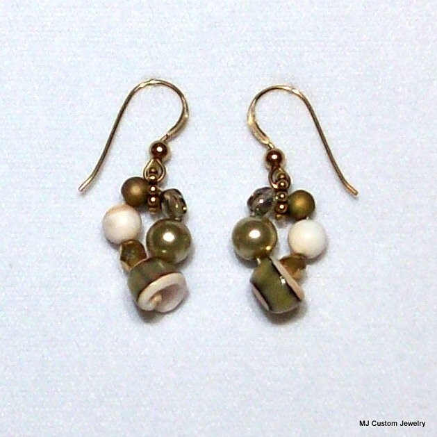 Popcorn Shell, Crystal & Pearl 14k GF Earrings