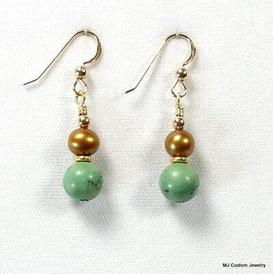 Turquoise Gemstone & Bronze FW Pearl 14k GF Earrings