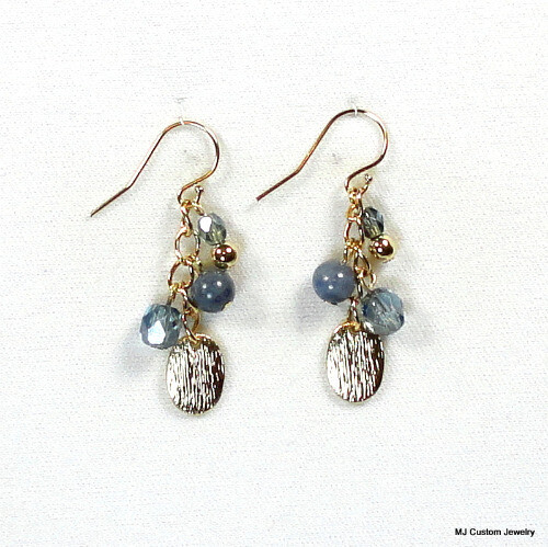Dumortierite, Crystal & Brushed Gold Drop Chain Earrings