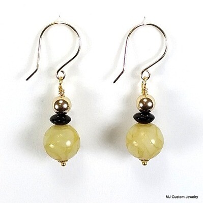 Carved Yellow Jade, Jet Glass & Gold Ball 14k GF Earrings