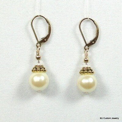 Cream Pearl & Crystal Bali-Style Bead Cap 14k GF Earrings