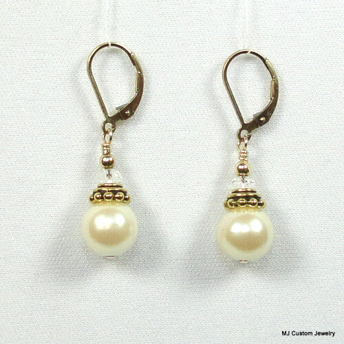 Cream Pearl & Crystal Bali-Style Bead Cap 14k GF Earrings