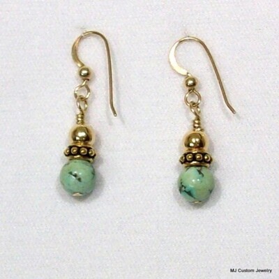 Turquoise Gemstone Beaded Rondelle 14k GF Earrings