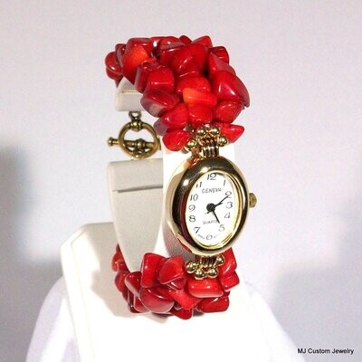 Red Coral Chips & Nuggets Gold Plated Watch