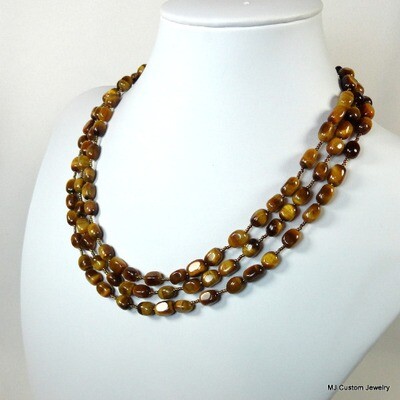 Tigereye Tumbled Squares Triple Strand Gold Necklace