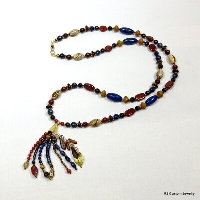 Lapis Lazuli & Jasper Tassel Pendant Gold Necklace