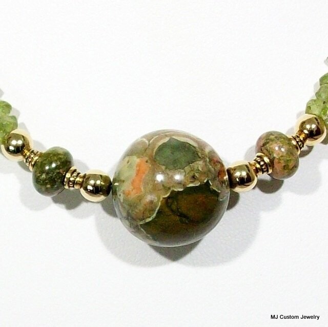 Rhyolite Gemstone & Peridot Chip Gold Necklace