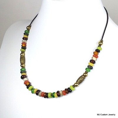 Multi-Colored Java Glass Leather Cord Bronze Necklace