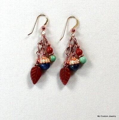 Red Jasper Leaves, Turquoise & Lapis Dangle Copper Earrings