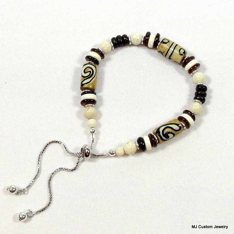 African Batik Bone Bead Adjustable BOLO Bracelet
