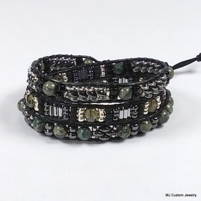 Camo Jasper & Hematite Triple Wrap Leather Bracelet
