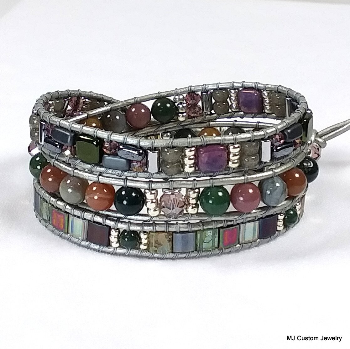 Fancy Jasper Triple Wrap Leather Bracelet
