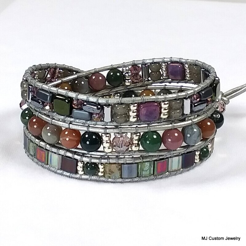 Fancy Jasper Triple Wrap Leather Bracelet