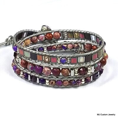 Purple Galaxy Jasper Triple Wrap Leather Bracelet