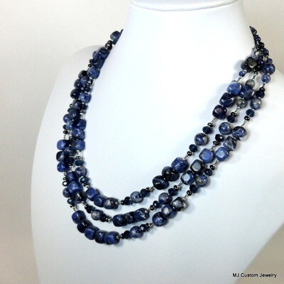 Sodalite & Navy Crystal Triple Strand Necklace