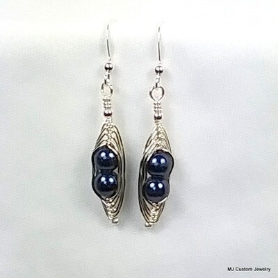 Navy Blue Czech Glass Pearl Peas in a Pod Earrings
