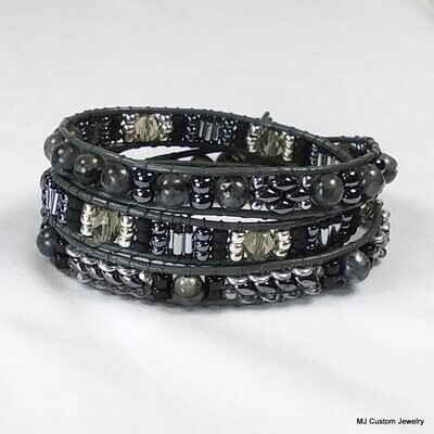 Larvikite & Hematite Triple Wrap Leather Bracelet