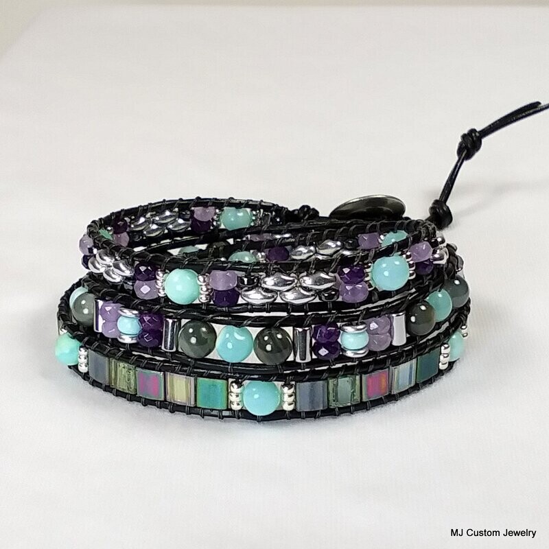 Peruvian Opal & Agate Triple Wrap Leather Bracelet