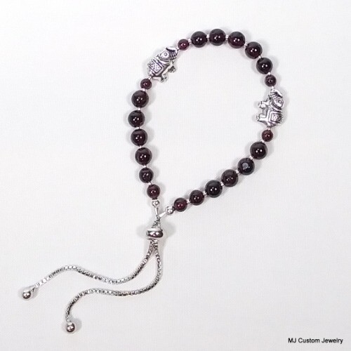 Garnet & Silver Elephants Adjustable BOLO Bracelet