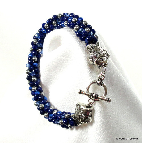 Navy Coral, Pearl & Crystal Fish Toggle Bracelet