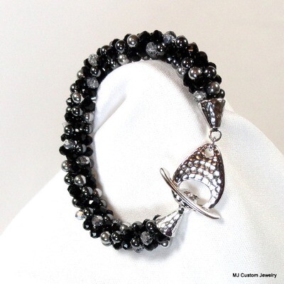 Jet Crystal & Hematite Hammered Silver Toggle Bracelet