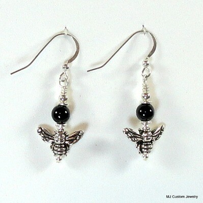 Black Agate Gemstones & Silver Honey Bee Earrings