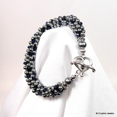 Silver Blue Pearl & Navy Crystal Heart Toggle Bracelet