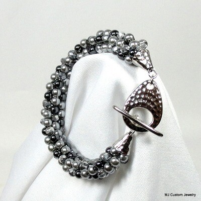 Silver & Gunmetal Pearl & Crystal Hammered Silver Toggle Bracelet