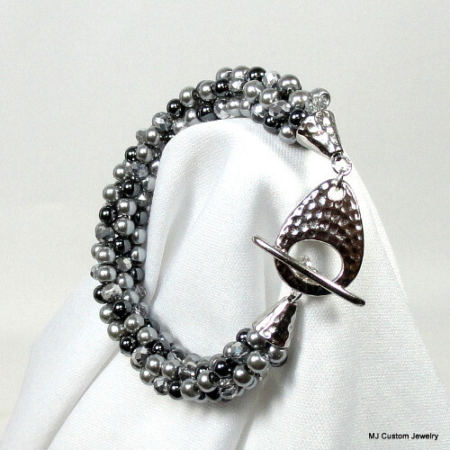 Silver & Gunmetal Pearl & Crystal Hammered Silver Toggle Bracelet