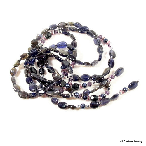 Iolite, Navy & Purple Pearl & Crystal 35" Lariat